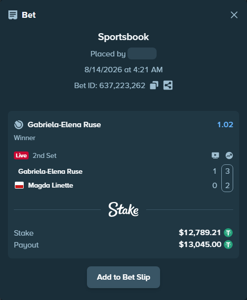 Bet slip: Gabriela-Elena Ruse - Magda Linette, $12,802.00 stake at 1.02 odds, placed by RyazheniyPetuh