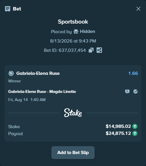Bet slip: Gabriela-Elena Ruse - Magda Linette, $15,000.00 stake at 1.66 odds, placed by Hidden