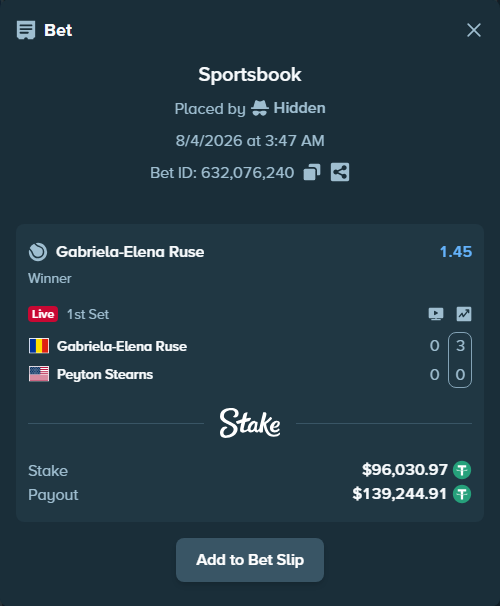Bet slip: Gabriela-Elena Ruse - Peyton Stearns, $96,127.00 stake at 1.45 odds, placed by Hidden