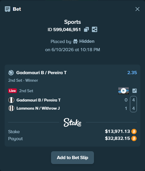 Bet slip: Gadamauri B / Pereira T - Lammons N / Withrow J, $14,568.94 stake at 2.35 odds, placed by Hidden