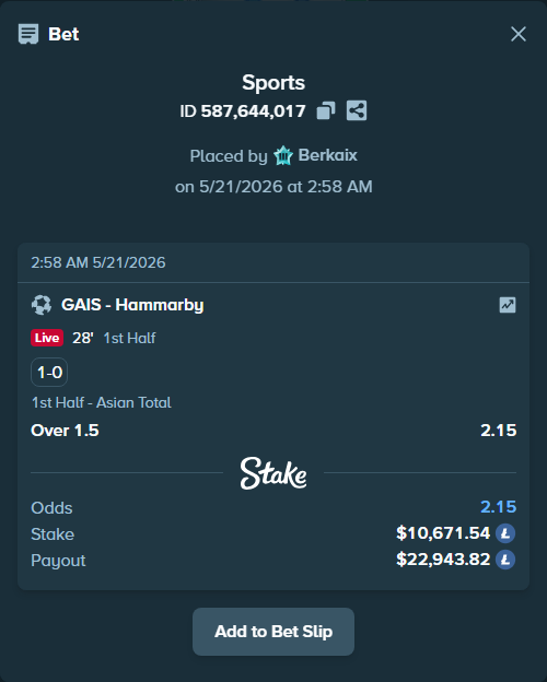 Bet slip: GAIS - Hammarby, $8,757.67 stake at 2.15 odds, placed by Berkaix