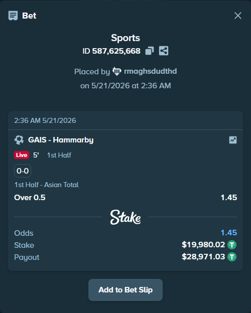 Bet slip: GAIS - Hammarby, $20,000.00 stake at 1.45 odds, placed by rmaghsdudthd
