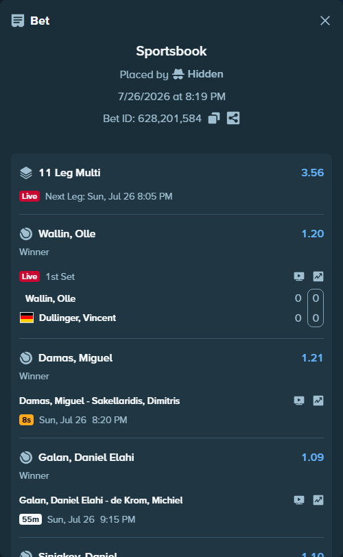 Bet slip: Galan, Daniel Elahi - De Krom, Michiel, $75,075.00 stake at 1.09 odds, placed by Hidden