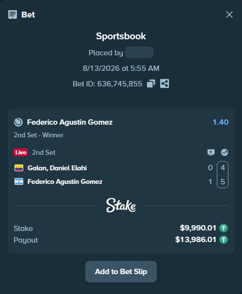Bet slip: Galan, Daniel Elahi - Federico Agustin Gomez, $10,000.00 stake at 1.40 odds, placed by vavrinka27