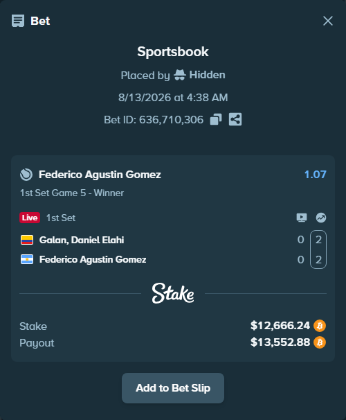 Bet slip: Galan, Daniel Elahi - Federico Agustin Gomez, $12,679.80 stake at 1.07 odds, placed by Hidden