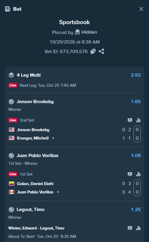 Bet slip: Galan, Daniel Elahi - Juan Pablo Varillas, $101,000.00 stake at 1.08 odds, placed by Hidden