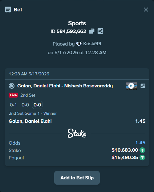 Bet slip: Galan, Daniel Elahi - Nishesh Basavareddy, $10,693.68 stake at 1.45 odds, placed by Kriski99