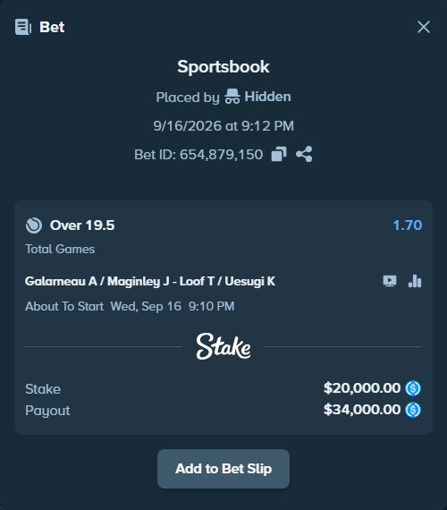 Bet slip: Galarneau A / Maginley J - Loof T / Uesugi K, $20,000.00 stake at 1.70 odds, placed by Hidden