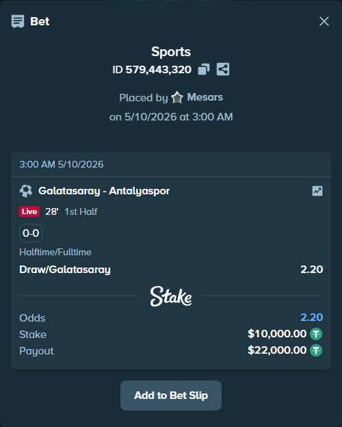 Bet slip: Galatasaray Istanbul - Antalyaspor, $10,000.00 stake at 2.20 odds, placed by Mesars