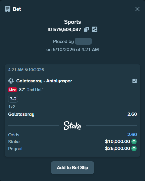 Bet slip: Galatasaray Istanbul - Antalyaspor, $10,000.00 stake at 2.60 odds, placed by ArdianHertica