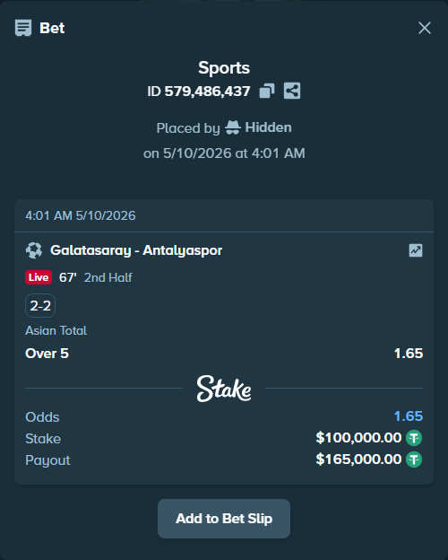 Bet slip: Galatasaray Istanbul - Antalyaspor, $100,000.00 stake at 1.65 odds, placed by Hidden