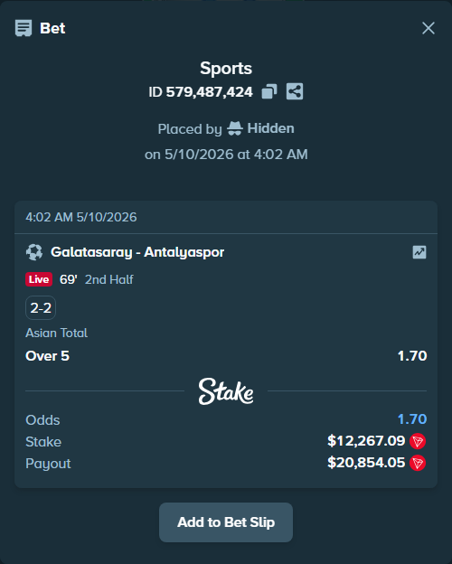 Bet slip: Galatasaray Istanbul - Antalyaspor, $11,422.82 stake at 1.70 odds, placed by Hidden