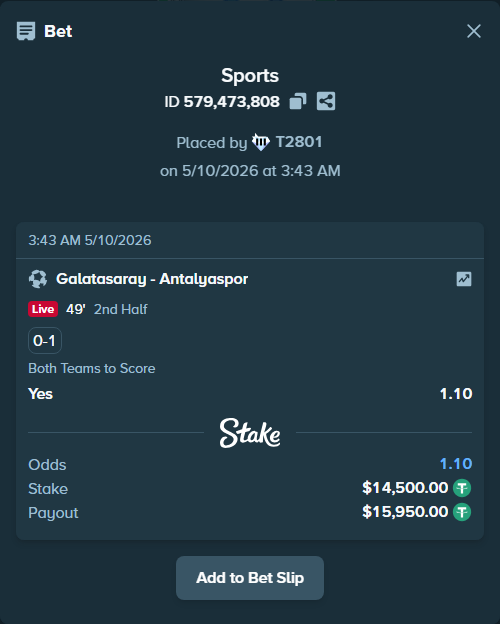 Bet slip: Galatasaray Istanbul - Antalyaspor, $14,500.00 stake at 1.10 odds, placed by T2801