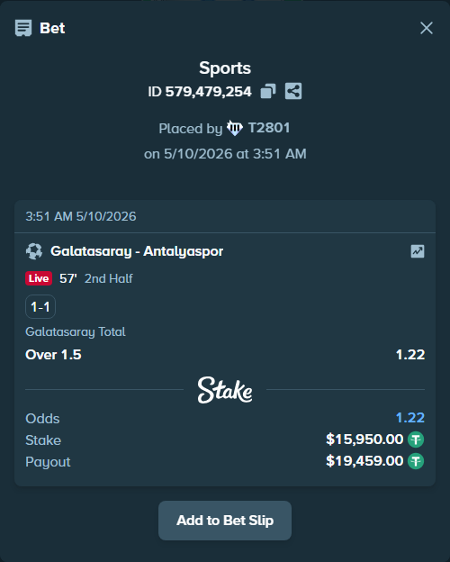 Bet slip: Galatasaray Istanbul - Antalyaspor, $15,950.00 stake at 1.22 odds, placed by T2801