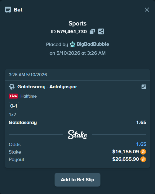 Bet slip: Galatasaray Istanbul - Antalyaspor, $12,832.40 stake at 1.65 odds, placed by BigBadBubble