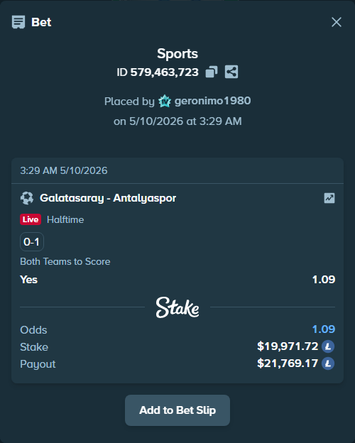 Bet slip: Galatasaray Istanbul - Antalyaspor, $15,271.18 stake at 1.09 odds, placed by geronimo1980