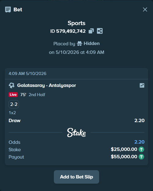 Bet slip: Galatasaray Istanbul - Antalyaspor, $25,000.00 stake at 2.20 odds, placed by Hidden