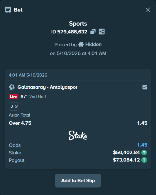 Bet slip: Galatasaray Istanbul - Antalyaspor, $50,402.84 stake at 1.45 odds, placed by Hidden