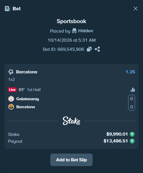 Bet slip: Galatasaray Istanbul - Barcelona, $10,000.00 stake at 1.35 odds, placed by Karay100