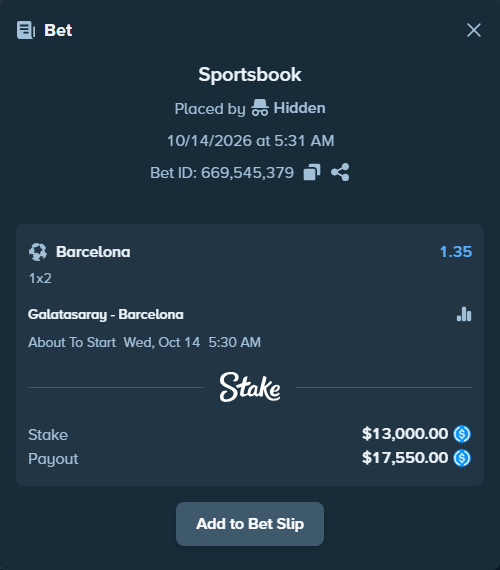 Bet slip: Galatasaray Istanbul - Barcelona, $13,000.00 stake at 1.35 odds, placed by Storestorm