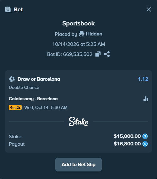 Bet slip: Galatasaray Istanbul - Barcelona, $15,000.00 stake at 1.12 odds, placed by Lefzinatoren