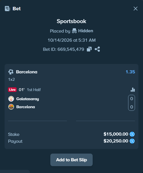 Bet slip: Galatasaray Istanbul - Barcelona, $15,000.00 stake at 1.35 odds, placed by Andhjelm