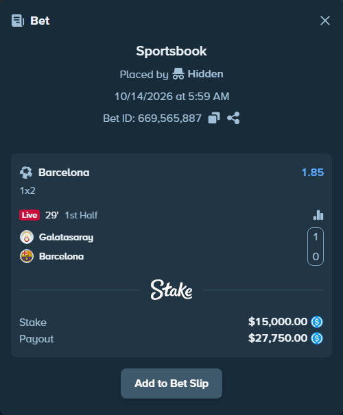 Bet slip: Galatasaray Istanbul - Barcelona, $15,000.00 stake at 1.85 odds, placed by winnirium228