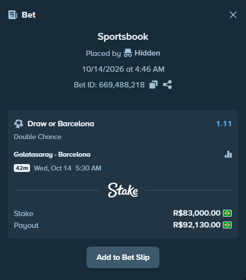 Bet slip: Galatasaray Istanbul - Barcelona, $16,600.00 stake at 1.11 odds, placed by toussaintpedro