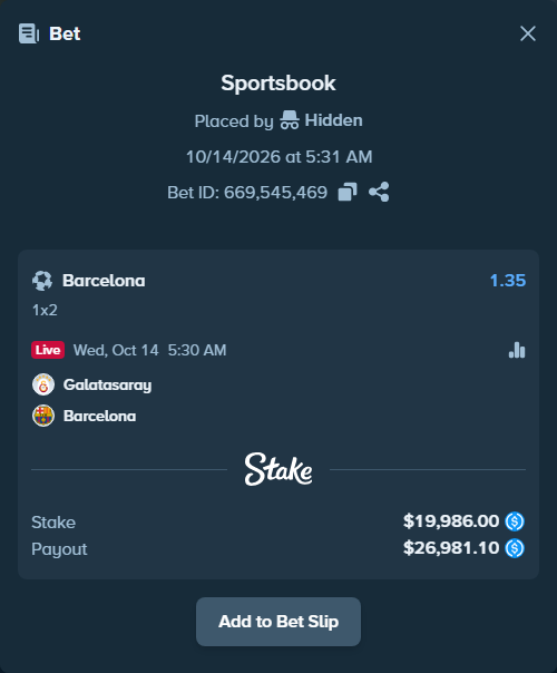 Bet slip: Galatasaray Istanbul - Barcelona, $19,986.00 stake at 1.35 odds, placed by Didrikv