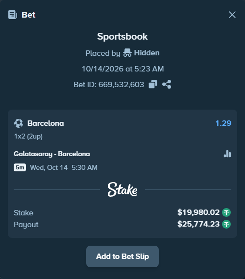 Bet slip: Galatasaray Istanbul - Barcelona, $20,000.00 stake at 1.29 odds, placed by Oen1