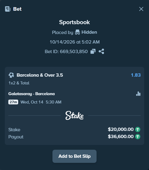 Bet slip: Galatasaray Istanbul - Barcelona, $20,020.00 stake at 1.83 odds, placed by bozkurtua