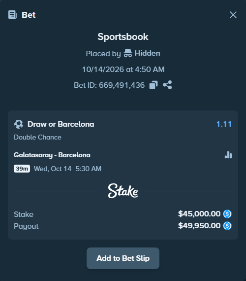 Bet slip: Galatasaray Istanbul - Barcelona, $45,000.00 stake at 1.11 odds, placed by pering3