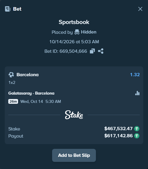 Bet slip: Galatasaray Istanbul - Barcelona, $468,000.00 stake at 1.32 odds, placed by Hidden