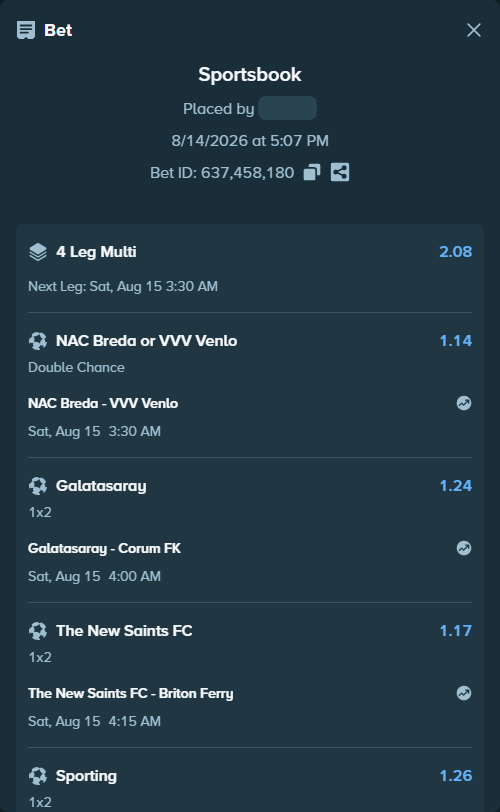 Bet slip: Galatasaray Istanbul - Corum FK, $10,000.00 stake at 1.24 odds, placed by Jephthah2