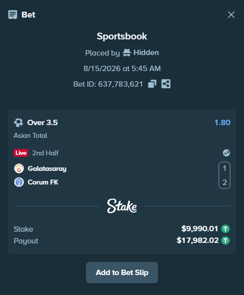 Bet slip: Galatasaray Istanbul - Corum FK, $10,000.00 stake at 1.80 odds, placed by Hidden