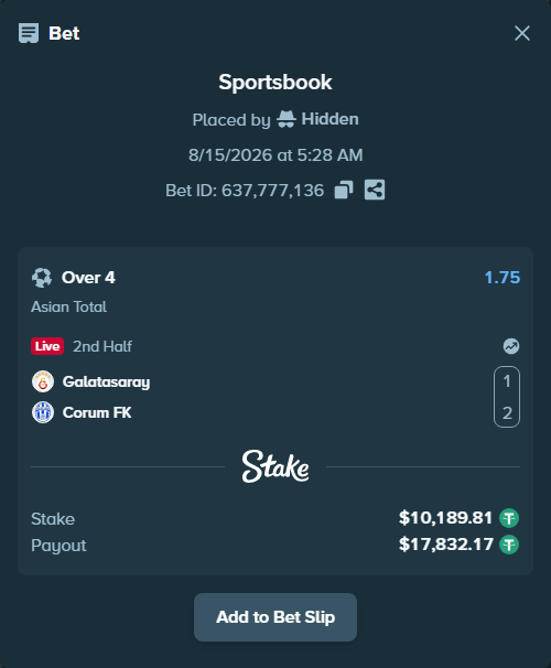 Bet slip: Galatasaray Istanbul - Corum FK, $10,200.00 stake at 1.75 odds, placed by Hidden