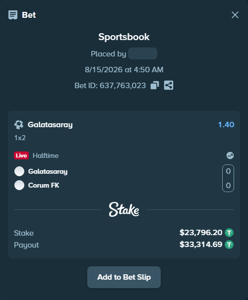 Bet slip: Galatasaray Istanbul - Corum FK, $23,820.00 stake at 1.40 odds, placed by ArdianHertica