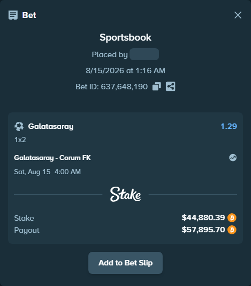 Bet slip: Galatasaray Istanbul - Corum FK, $44,889.99 stake at 1.29 odds, placed by messrjaysr