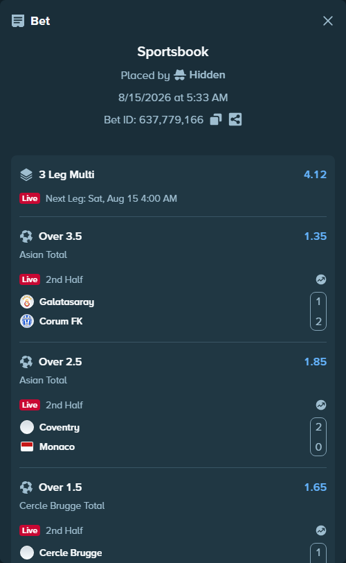 Bet slip: Galatasaray Istanbul - Corum FK, $45,045.00 stake at 1.35 odds, placed by Hidden
