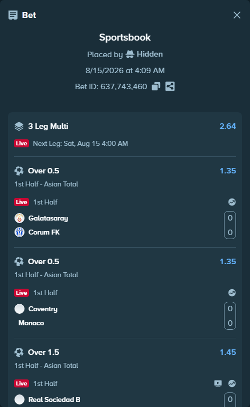 Bet slip: Galatasaray Istanbul - Corum FK, $76,076.00 stake at 1.35 odds, placed by Hidden