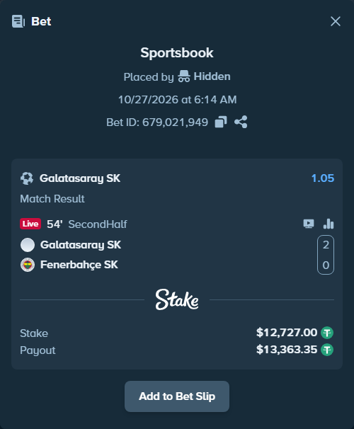 Bet slip: Galatasaray Istanbul - Fenerbahce Istanbul, $12,739.73 stake at 1.05 odds, placed by Hidden