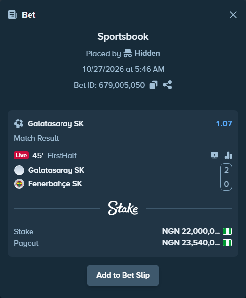 Bet slip: Galatasaray Istanbul - Fenerbahce Istanbul, $13,200.00 stake at 1.07 odds, placed by Abmglobal