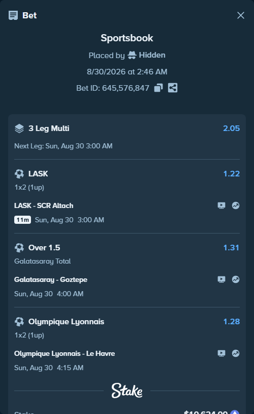 Bet slip: Galatasaray Istanbul - Goztepe, $10,656.73 stake at 1.31 odds, placed by Hidden