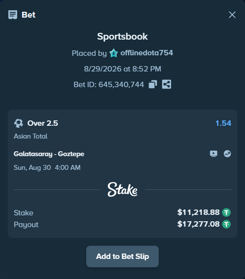 Bet slip: Galatasaray Istanbul - Goztepe, $11,218.88 stake at 1.54 odds, placed by offlinedota754
