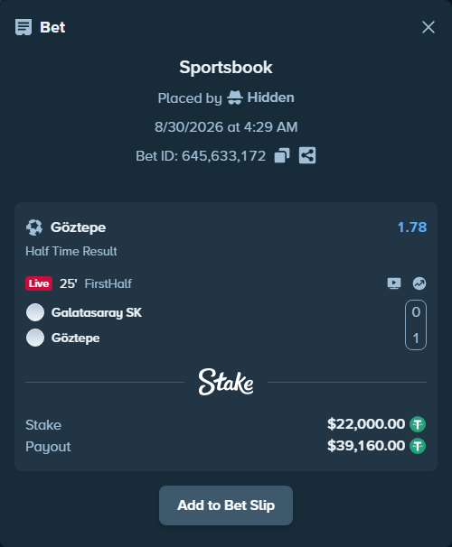 Bet slip: Galatasaray Istanbul - Goztepe, $22,000.00 stake at 1.78 odds, placed by Hidden