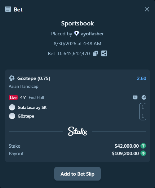 Bet slip: Galatasaray Istanbul - Goztepe, $42,000.00 stake at 2.60 odds, placed by ayoflasher