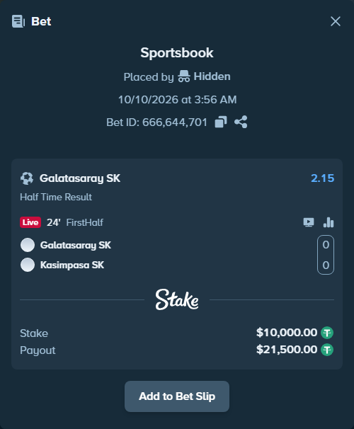 Bet slip: Galatasaray Istanbul - Kasimpasa Istanbul, $10,010.00 stake at 2.15 odds, placed by Hidden