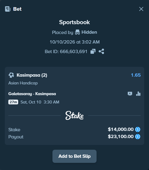 Bet slip: Galatasaray Istanbul - Kasimpasa Istanbul, $14,000.00 stake at 1.65 odds, placed by Hidden