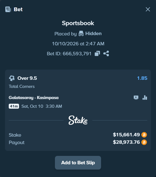 Bet slip: Galatasaray Istanbul - Kasimpasa Istanbul, $15,625.27 stake at 1.85 odds, placed by Hidden