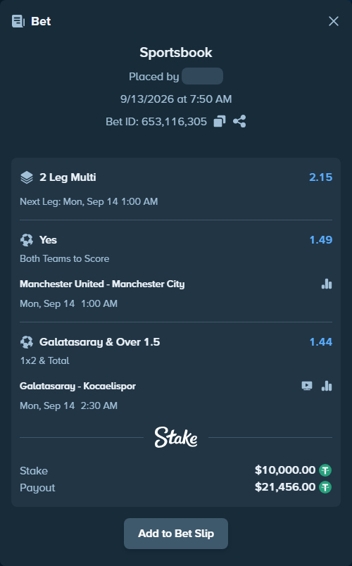 Bet slip: Galatasaray Istanbul - Kocaelispor, $10,000.00 stake at 1.44 odds, placed by eaglepickss